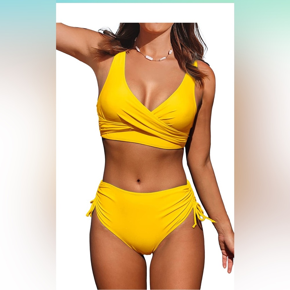 Women's High Waisted Bikini Twist Front Tie Back 2 Piece Swimsuits; yellow